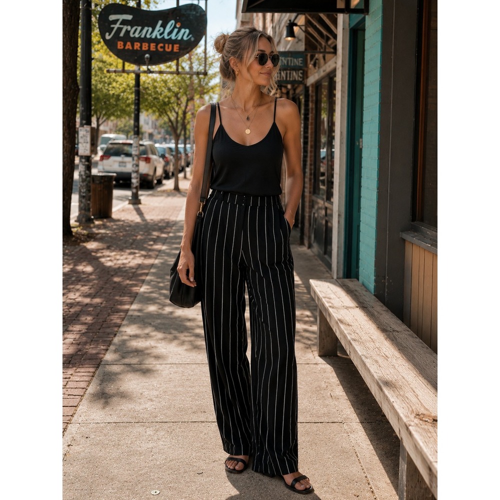 C&A Pinstripe Wide Leg Pants Womens 42 Black White Excellent Viscose Trousers